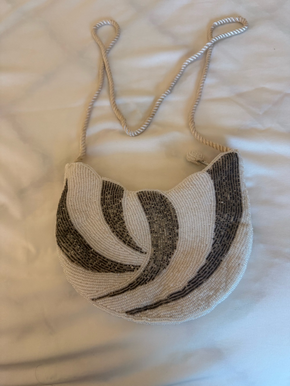 Saks Fifth Avenue Cream and Black Beaded Crescent Shoulder Bag